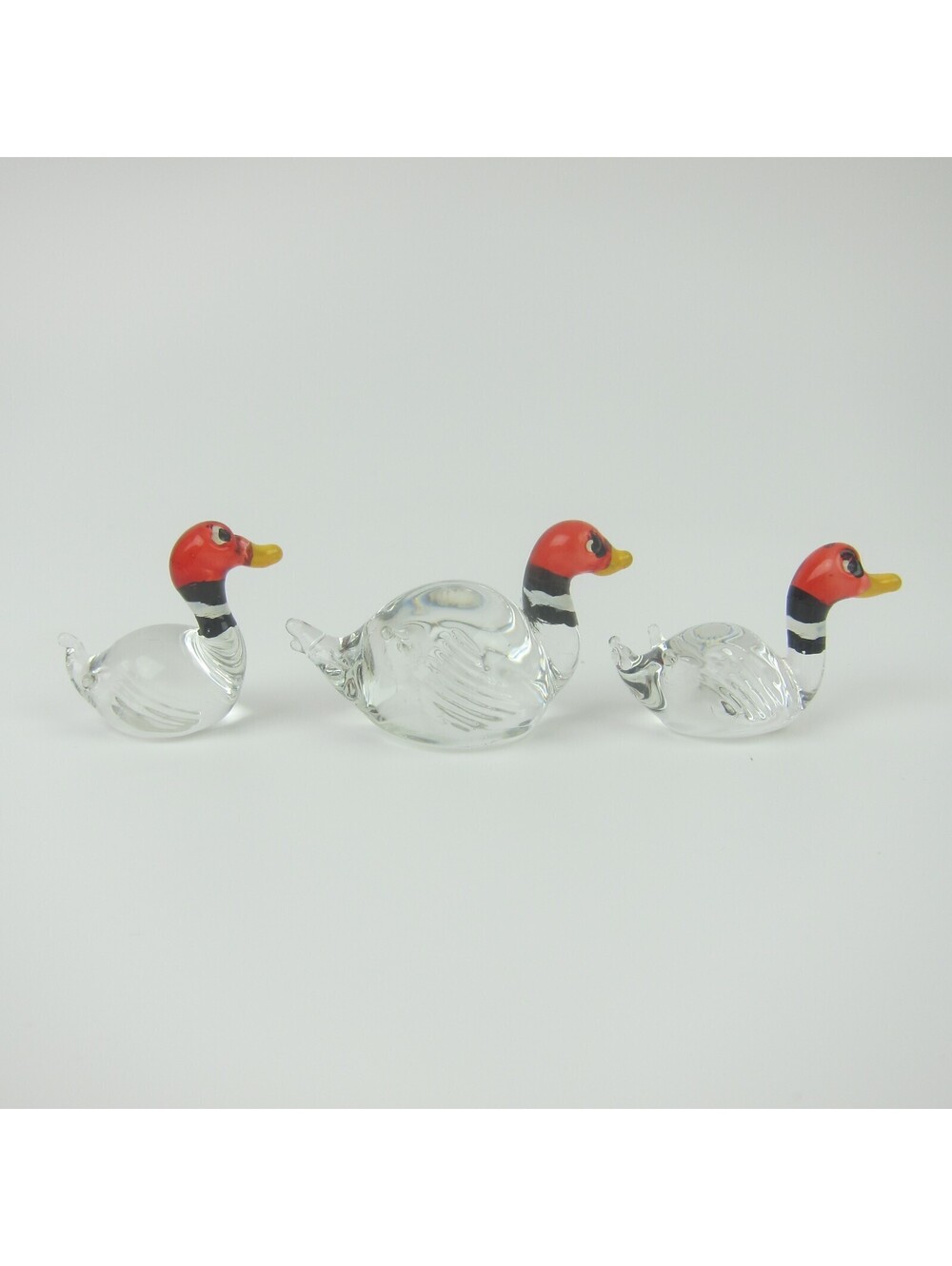 3 Vintage Glass Duck Miniature Figurines Hand Blown Clear Red Orange Black White